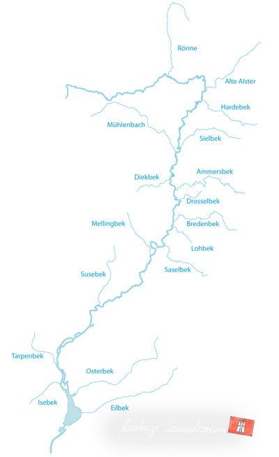 Karte der Alster und Nebenflüsse.